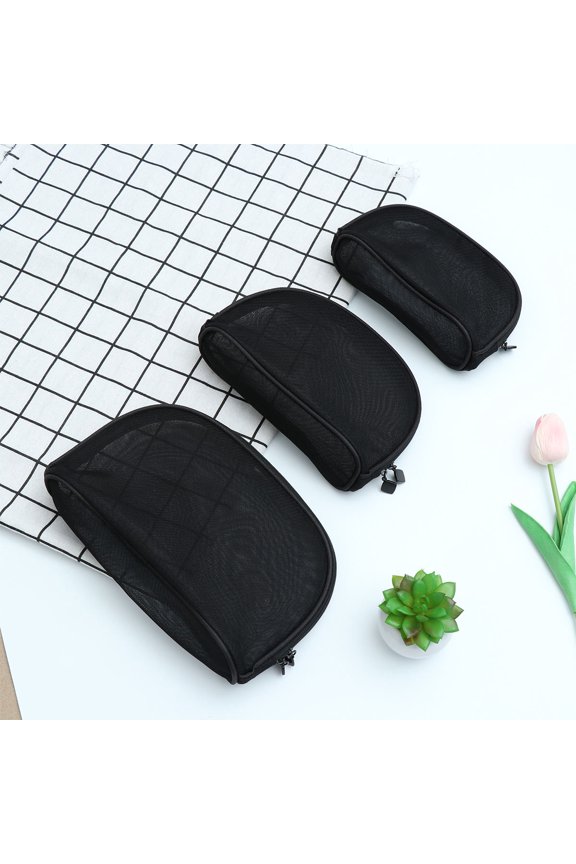 3Pcs Transparent Cosmetic Bag Black Mesh with Compact Lightweight Design for Makeup Storage