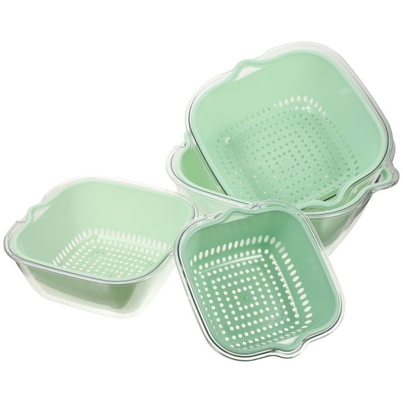 Supvox 4Pcs Plastic Drain Basket Double Layered Green Fruit Vegetable Washing Basket