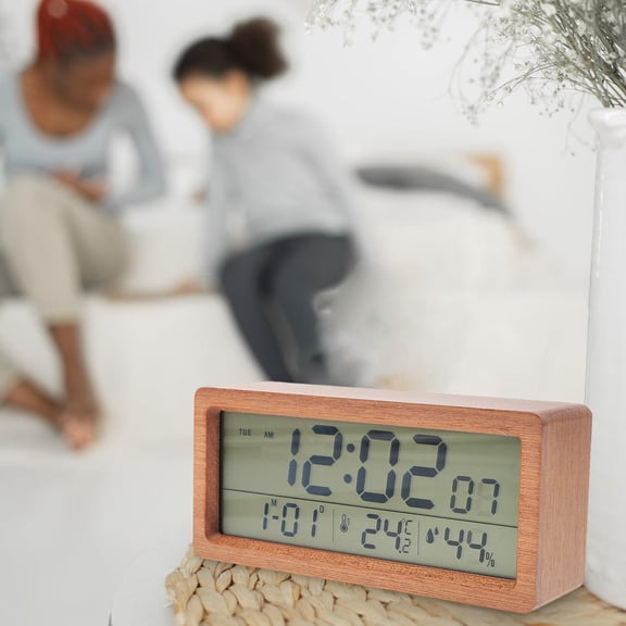 Supvox Digital Alarm Clock with Temperature and Humidity Display, Brown, 1 Piece - Ideal for Office and Home Use