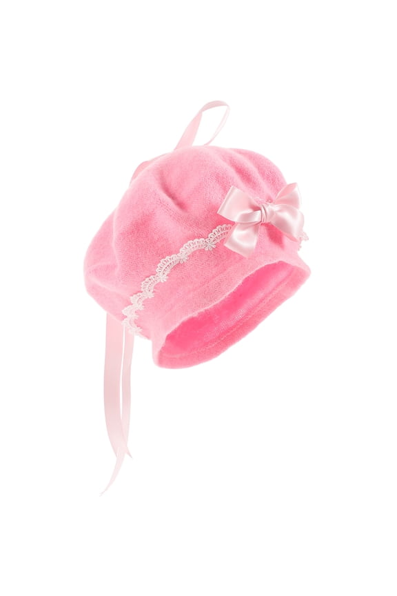 Womens Pink Bowknot Wool Beret Hat Fashionable Decorative Accessory