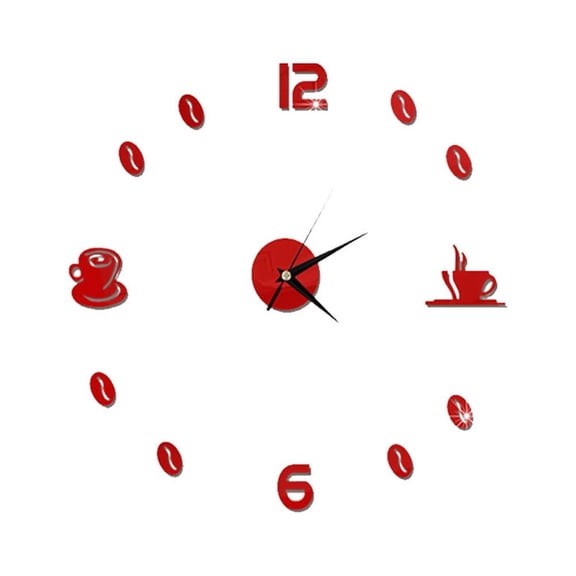 Supvox Red Acrylic Wall Clock with Mirror Finish, Self-Adhesive Coffee Cup Design, Stylish Living Room Decor Timepiece