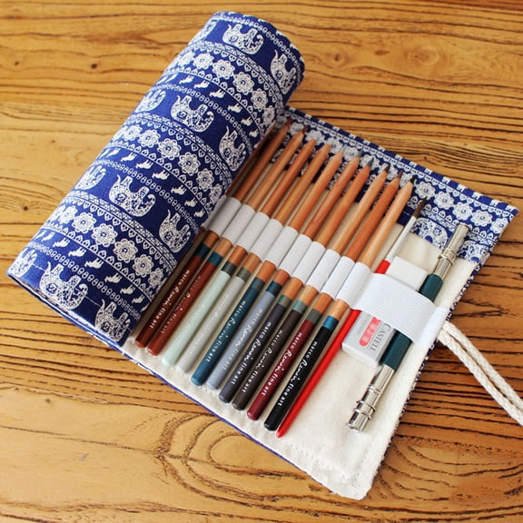 Supvox Navy Canvas Pencil Case Lightweight with Natural Wrap, Perfect for Art Supplies, Painting, Sketching Storage Organizer