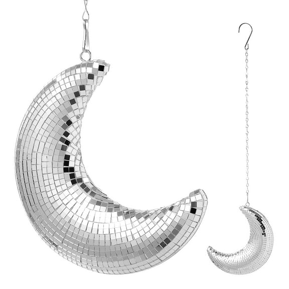 Supvox Glass Plated Silver Disco Ball Moon Pendant Hanging Decor Reflective Wall Ornament