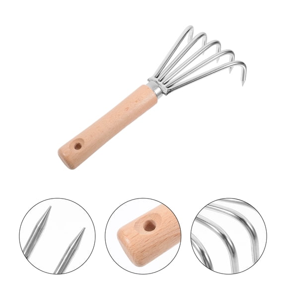 Supvox Small Garden Rake with Stainless Steel Tines and Comfortable Wooden Handle, Ideal for Gardening, Collecting Seashells, Outdoor Tasks