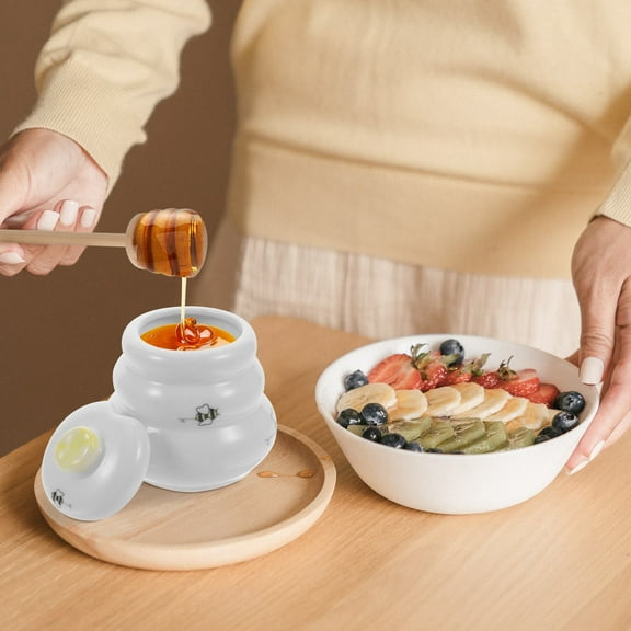 Supvox White Ceramic Honey Pot Container with Lid and Dipper for Syrup Storage