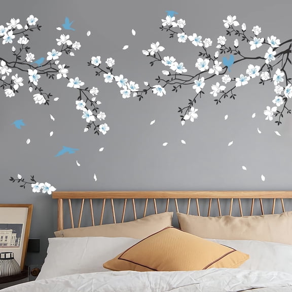 Supzone Blue White Flower Wall Stickers - Cherry Blossom Wall Decal Birds on Tree Branch Art Sticker for Bedroom, Living Room, Office, Study Room, TV, Sofa Wall Decor Home Decoration