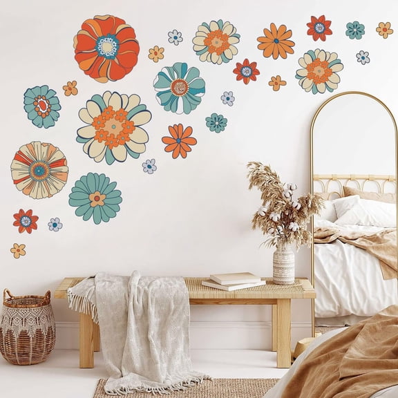 Supzone Boho Retro Floral Wall Decals Large Vintage Flower Wall Stickers Colorful Hippie Flower Wall Art Stickers for Bedroom, Living Room, Offices, Sofa, TV Backdrop Decoration