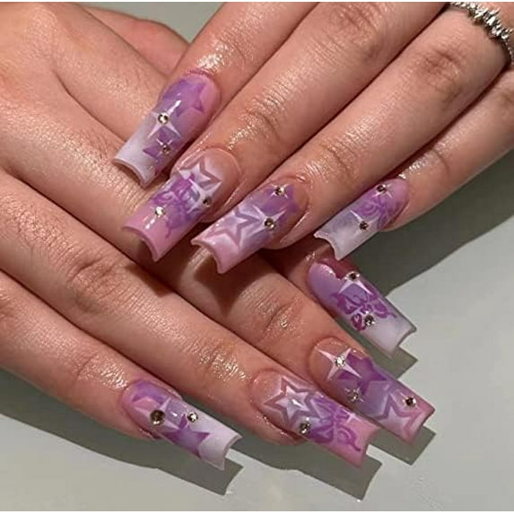 Suqare Press on Nails Medium Nails Purple Glue on Nails Rhinestone Nails Butterfly Stick on Nails for Women and Girls