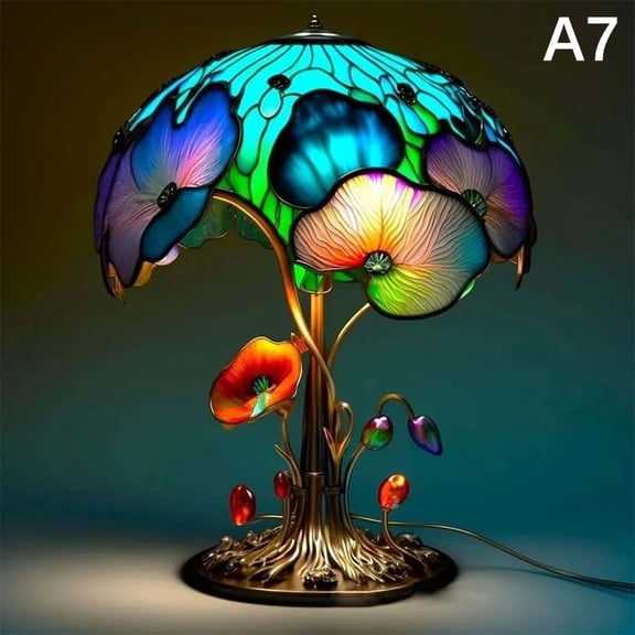Suquosor Vintage Stained Glass Plant Series Table Lamps Mushroom Snail Octopus Resin Colorful Ornament Desk Home Decoration