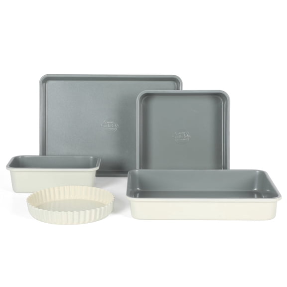 Sur La Table Kitchen Essential Bake Sale 5-Piece Carbon Steel Bakeware Set W/Premium Grey Ceramic Nonstick - Linen White Exterior
