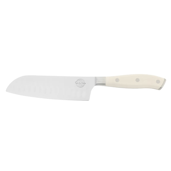 Sur La Table Kitchen Essential Tasting Kitchen German Steel Santoku Knife, 7-Inch Stainless Steel Blade Professional Kitchen Knife with White Handle and Forged Full Tang