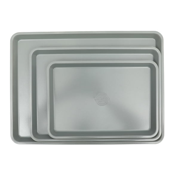 Sur La Table Kitchen Essentials Bake Sale 3-Piece Cookie Sheet Set Nonstick Carbon Steel Baking Pans (13, 15, 18 Inch) Grey Easy-Clean Oven Trays for Cookies, Roasting & More