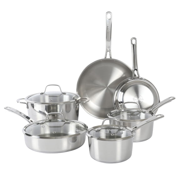 Sur La Table Kitchen Essentials Chef's Deck 10 Piece Stainless Steel Non Toxic Pots and Pans Kitchen Cookware Set W/ Triply Encapsulated Base - Induction Safe
