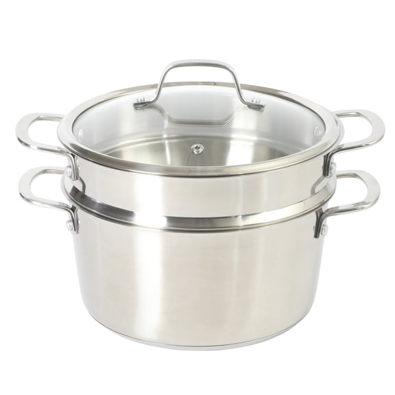 Sur La Table Kitchen Essentials Chef's Desk 3-Piece 5.3-Quart Stainless Steel Dutch Oven with Steamer Insert & Glass Lid Induction Ready, Tri-Ply Base, Polished Finish & Hollow Stay-Cool Handles