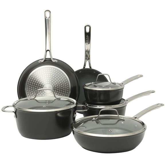 Sur La Table Kitchen Essentials Cool Commune Hard Anodized 10 Piece Ceramic Non stick Interior Forged Durable Aluminum Pots and Pans Cookware Set - Black - Induction Compatible
