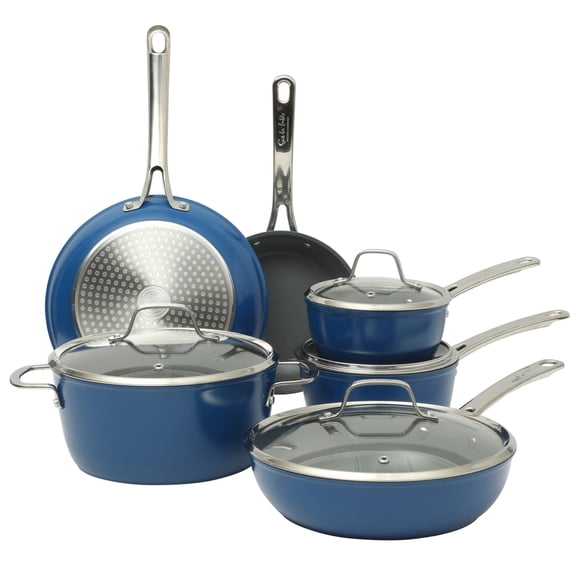 Sur La Table Kitchen Essentials Cool Commune Hard Anodized 10 Piece Ceramic Non stick Interior Forged Durable Aluminum Pots and Pans Cookware Set - Blue - Induction Compatible