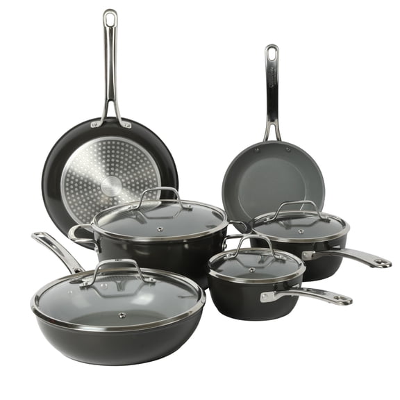 Sur La Table Kitchen Essentials Gourmet Cuisine 10 Piece Titanium Ceramic Nonstick Interior Forged Aluminum Cookware Pots and Pans Set - Black & Grey Interior - Induction Compatible