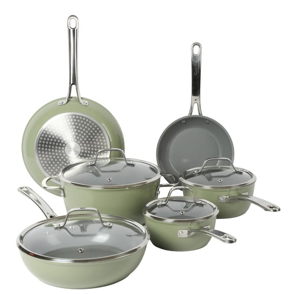 Sur La Table Kitchen Essentials Gourmet Cuisine 10 Piece Titanium Ceramic Nonstick Interior Forged Aluminum Cookware Pots and Pans Set - juniper & Grey Interior - Induction Compatible