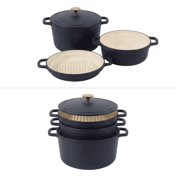 Sur La Table Kitchen Essentials Luncheonette 4-Piece Enameled Cast Iron Stackable Cookware Set, 5.3 Qt Dutch Oven with Lid, Braiser & Grill Pan, Gold Knob, Oven Safe to 500F, Induction Compatible