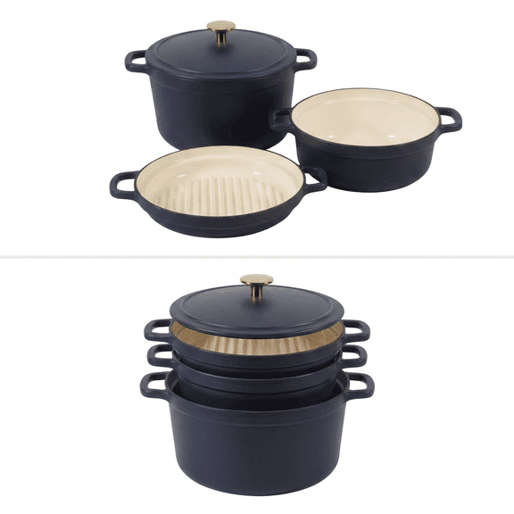 Sur La Table Kitchen Essentials Luncheonette 4-Piece Enameled Cast Iron Stackable Cookware Set, 5.3 Qt Dutch Oven with Lid, Braiser & Grill Pan, Gold Knob, Oven Safe to 500F, Induction Compatible