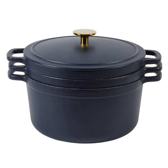 Sur La Table Kitchen Essentials Luncheonette 4-Piece Enameled Cast Iron Stackable Cookware Set, 5.3 Qt Dutch Oven with Lid, Braiser & Grill Pan, Gold Knob, Oven Safe to 500F, Induction Compatible