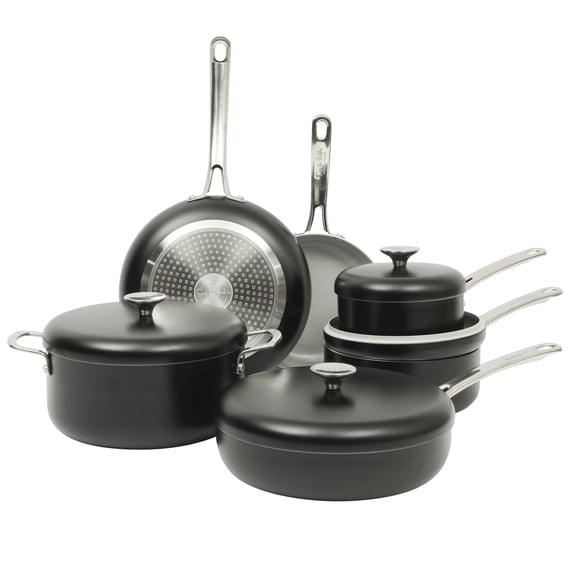 Sur La Table Kitchen Essentials Potluck Porch 10 Piece Ceramic Non stick Interior Forged Aluminum Cookware Pots and Pans Set W/ Aluminum Lids - Black - Induction Compatible