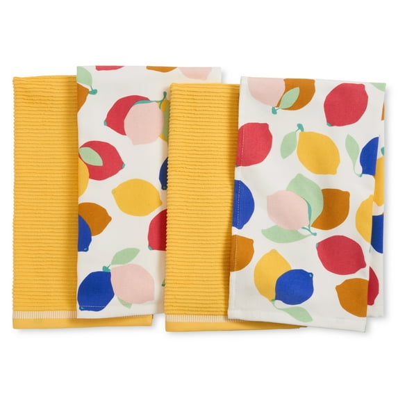 Sur La Table Kitchen Essentials Quirky Strawberries Fruit Kitchen Towel 4-Pack Set - 16"x28" Yellow