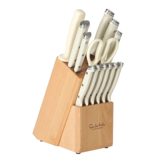Sur La Table Kitchen Essentials Tasting Kitchen 14 Piece Cutlery Set, German Steel Forged Knives, Beech Wood Block, Chef, Santoku, Bread, Steak Knives, Shears & Sharpener - Linen White