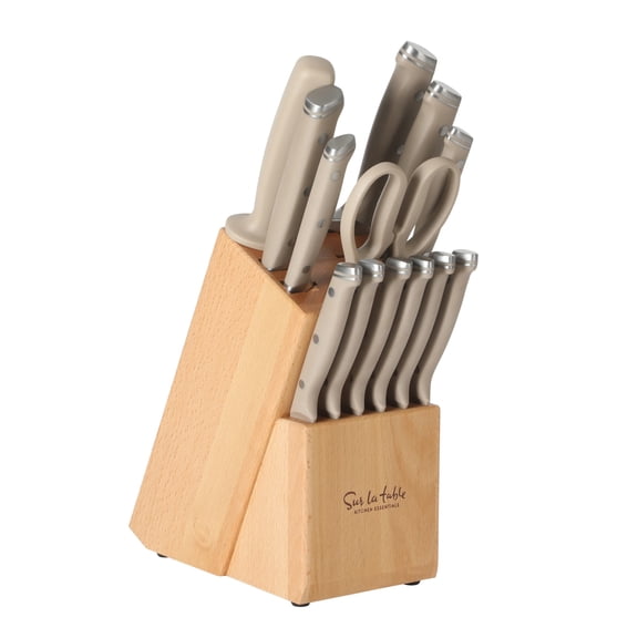 Sur La Table Kitchen Essentials Tasting Kitchen 14 Piece Cutlery Set, German Steel Forged Knives, Beech Wood Block, Chef, Santoku, Bread, Steak Knives, Shears & Sharpener - Taupe