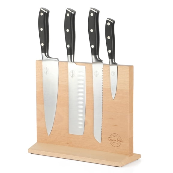 Sur La Table Kitchen Essentials Tasting Kitchen 5 Piece German Steel Blade With Triple Riveted Handle Set on Beechwood Magentic Block - Linen White
