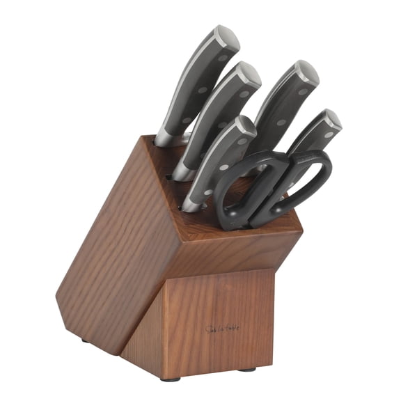 Sur La Table Kitchen Essentials Tasting Kitchen High-Carbon German Steel 7 Piece Full Tang Forged Cutlery Kitchen Knife Block Set -Black W/ Ashwood Block