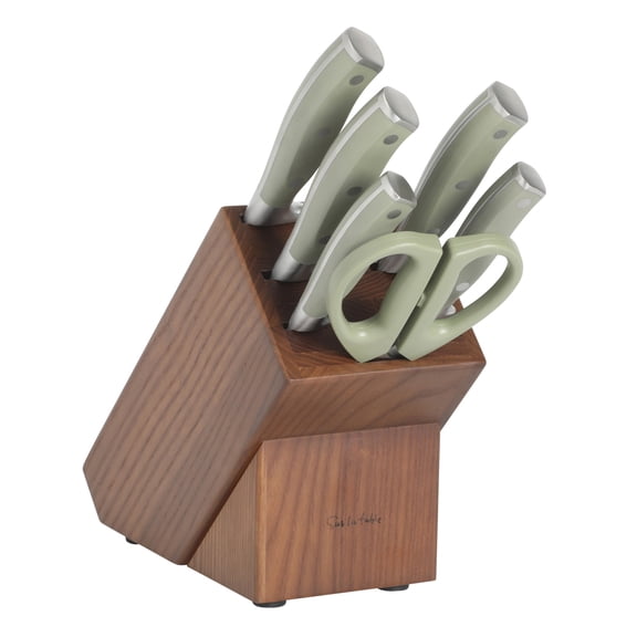 Sur La Table Kitchen Essentials Tasting Kitchen High-Carbon German Steel 7 Piece Full Tang Forged Cutlery Kitchen Knife Block Set -Juniper Green W/ Ashwood Block