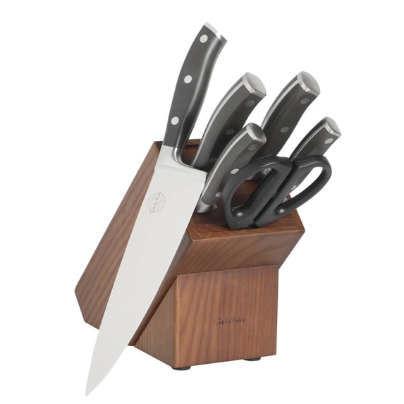 Sur La Table Kitchen Essentials Tasting Kitchen High-Carbon German Steel 7 Piece Full Tang Forged Cutlery Knife Block Set - Black W/Ashwood Block