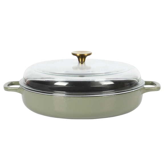 Sur La Table Kithcen Essential Supper Club 3.75 Quart Enamel Cast Iron All In One Multi-Purpose Non-Toxic Nonstick Braiser Pan W/ Borosilicate Glass Lid - Green