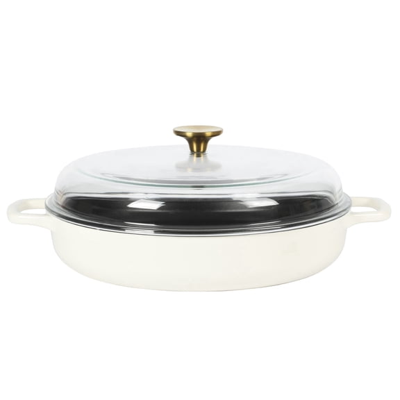 Sur La Table Kithcen Essential Supper Club 3.75 Quart Enamel Cast Iron All In One Multi-Purpose Non-Toxic Nonstick Braiser Pan W/ Borosilicate Glass Lid - Linen White