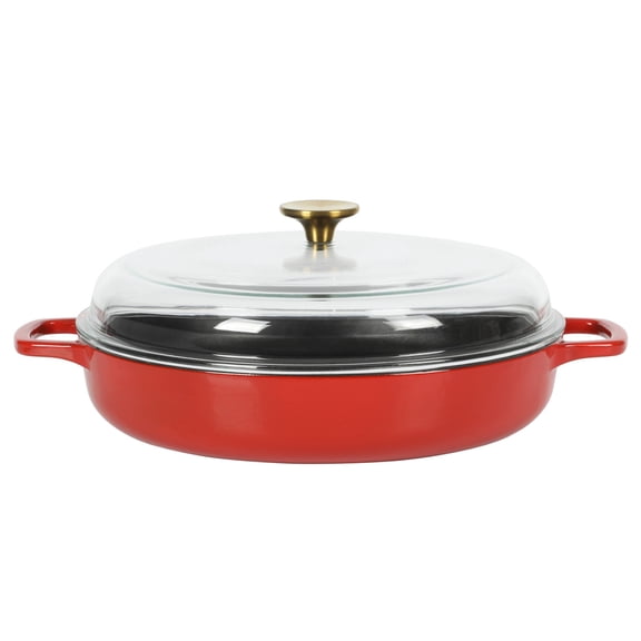 Sur La Table Kithcen Essential Supper Club 3.75 Quart Enamel Cast Iron All In One Multi-Purpose Non-Toxic Nonstick Braiser Pan W/ Borosilicate Glass Lid - Red