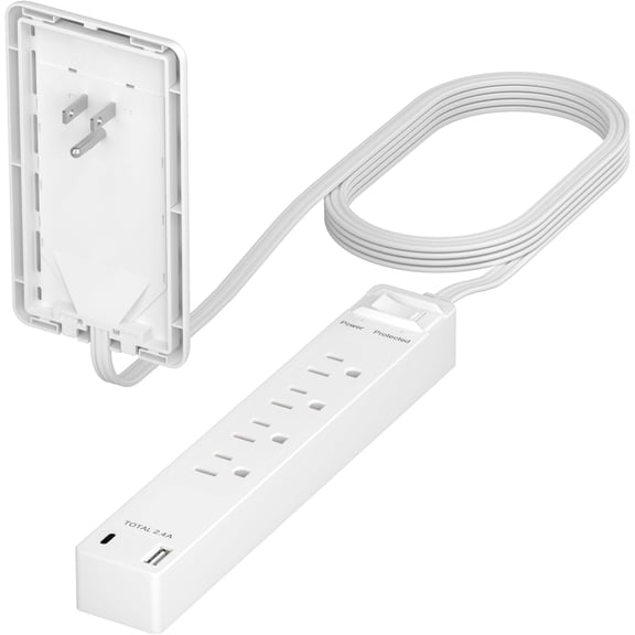 Sur Protected Outlet Extender, 4-Outlet Power Strip, 1 USB-A & 1 USB-C, Sur Protector 1500J, Ultra-Thin Wall Plate Plug with Cord Extender, 5ft Cord, 1625W, ETL Listed, Matte White