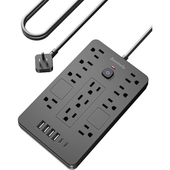 Sur Protector Power Strip - 11 Outlets(1850W/15A/14AWG) with 6 USB Ports(2 USB C), 6FT Flat Plug Extension Cord, Wall Mount, Black, ETL Listed for Home, Dorm Room