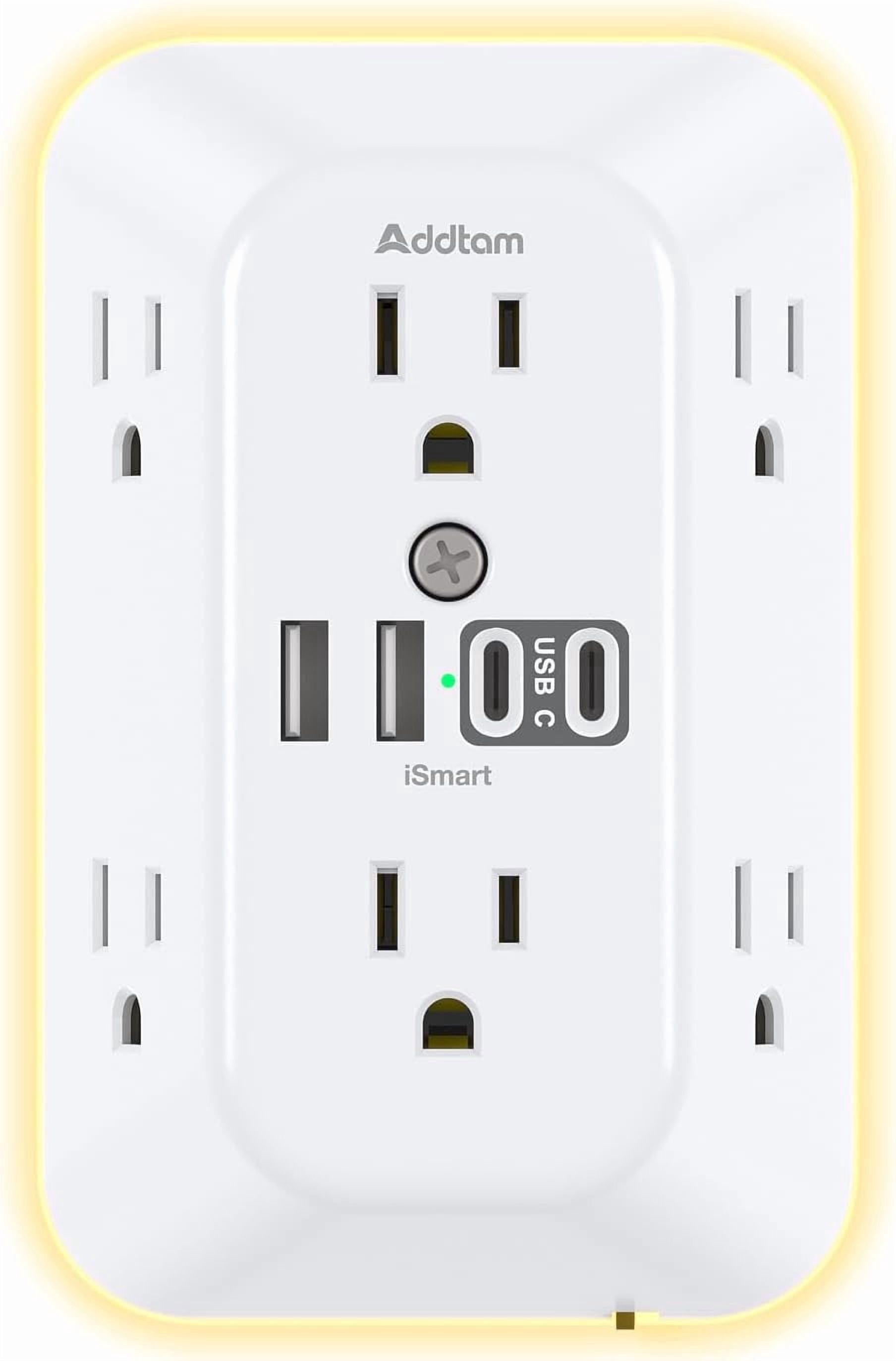 Sur Protector Outlet Extender, 6 Outlet Splitter with Night Light and 4 USB Wall Charr(2 USB-C Ports), Multi Plug Wall Outlet Power Strip for Home Office Dorm Room Essentials