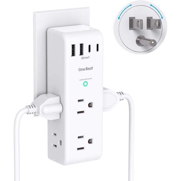 Sur Protector Outlet Extender - with Rotating Plug, 6 AC Multi Plug Outlet with 4 USB Ports (2 USB C), 1800J Wall Char r, 3-Sided Power Strip with Spaced Outlet Splitter for Home, Office, Travel