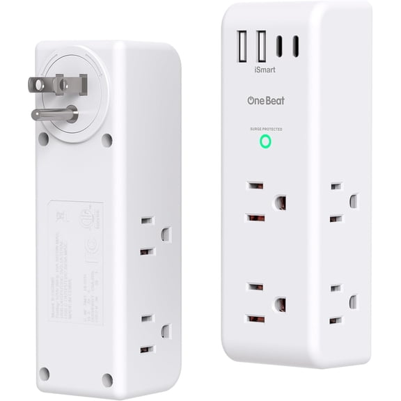 Sur Protector Outlet Extender with Rotating Plug, 6 AC Multi Plug Outlet with 4 USB Ports (3 USB C), 1800 J, 3-Sided Swivel Power Strip with Spaced Outlet Splitter for Dorm Office, White-2 Pack