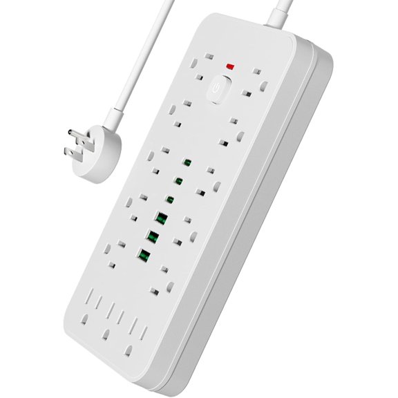 Sur Protector Power Strip 10 FT Flat Plug, 1875W/10A, 13 Multiple AC Outlets with 3 USB-A 3 USB C, One Touch Switch Button,Perfect for Home, Office, or Travel Use. White