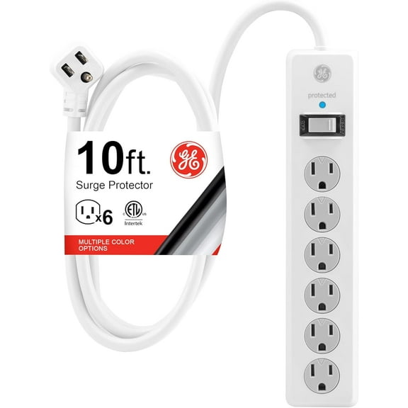Sur Protector Power Strip, 10 Ft Extension Cord, 6 Outlet Extender, 800 Joules, Flat Plug, Twist-to-Close Safety Covers, ETL Listed, White, 14092
