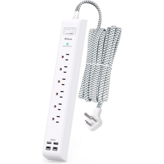 Sur Protector Power Strip 10 ft with 4 USB Ports 2 USB-C 6 AC Outlets, Flat Plug Extension Cord, USB Charging Station, Wall Mountable for Home, Office, Dorm Essentials, 1080J, ETL Listed