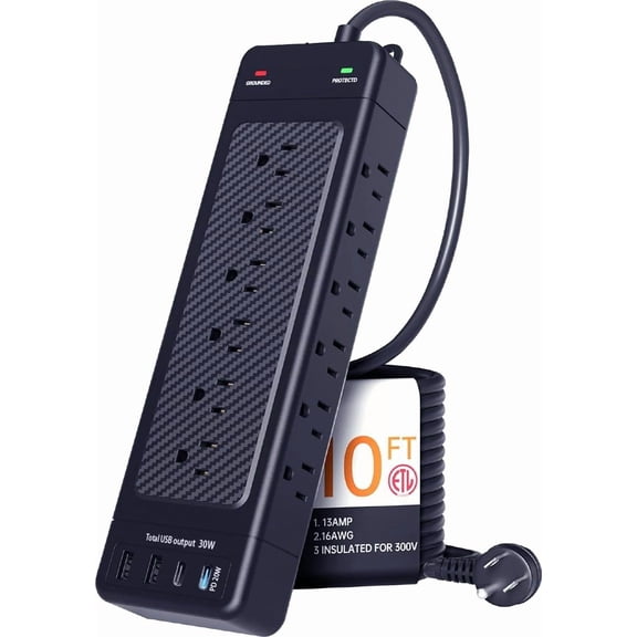 Sur Protector Power Strip 10ft Cord/High Joules Sur Protection (4800J)/Heavy Duty/Multiple outlets/Mountable/18AC/1875W/USB A+C(PD20W),Flat Plug,Commercial,Industrial,Office,Home,Black