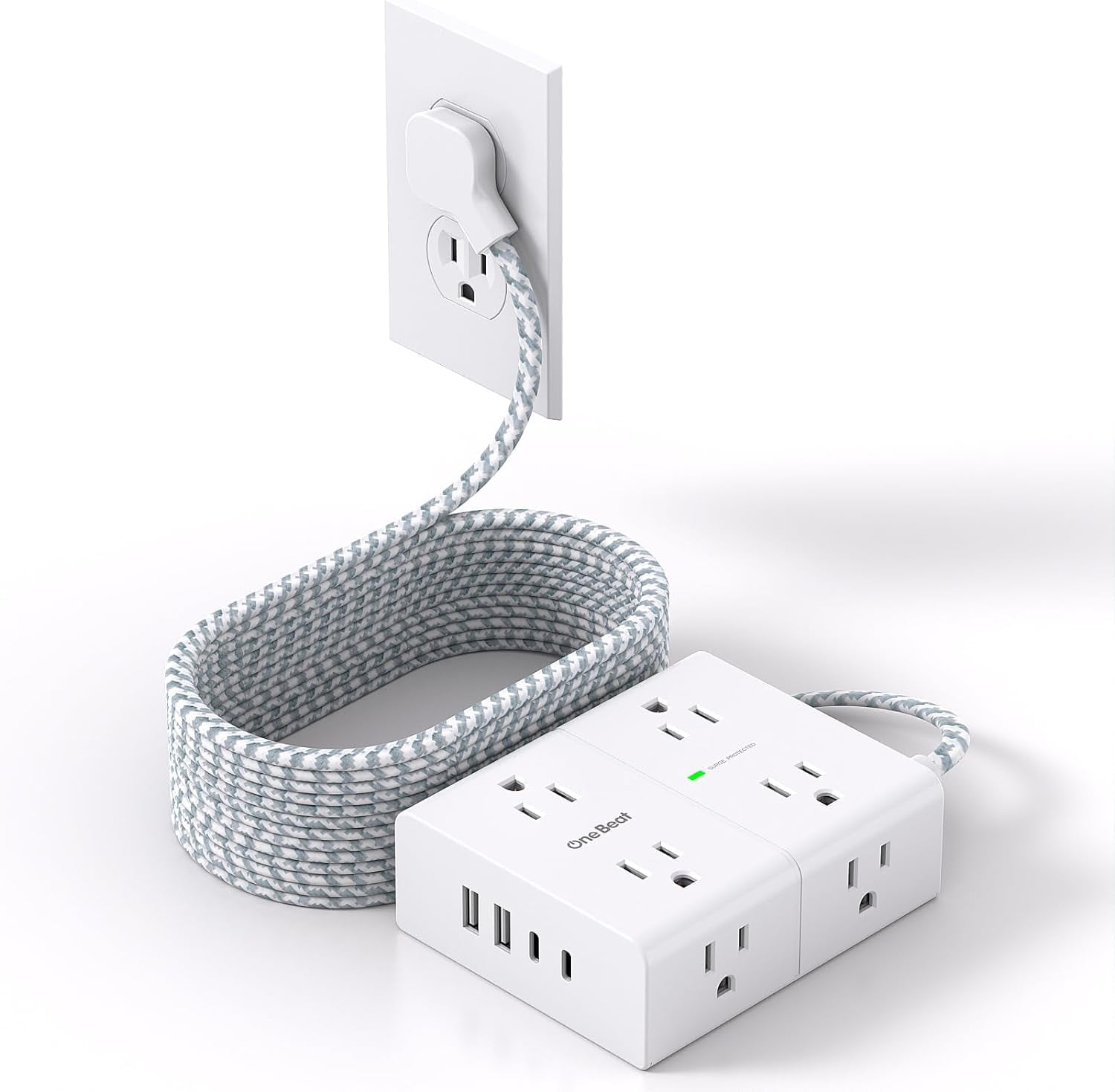 Surge Protector Power Strip 15 Ft Cord Ultra Thin Flat Extension Cord with 8 Outlets 4 USB Ports(2 C) Plug Strip Long Braided for Home Office Dorm Room Essentials