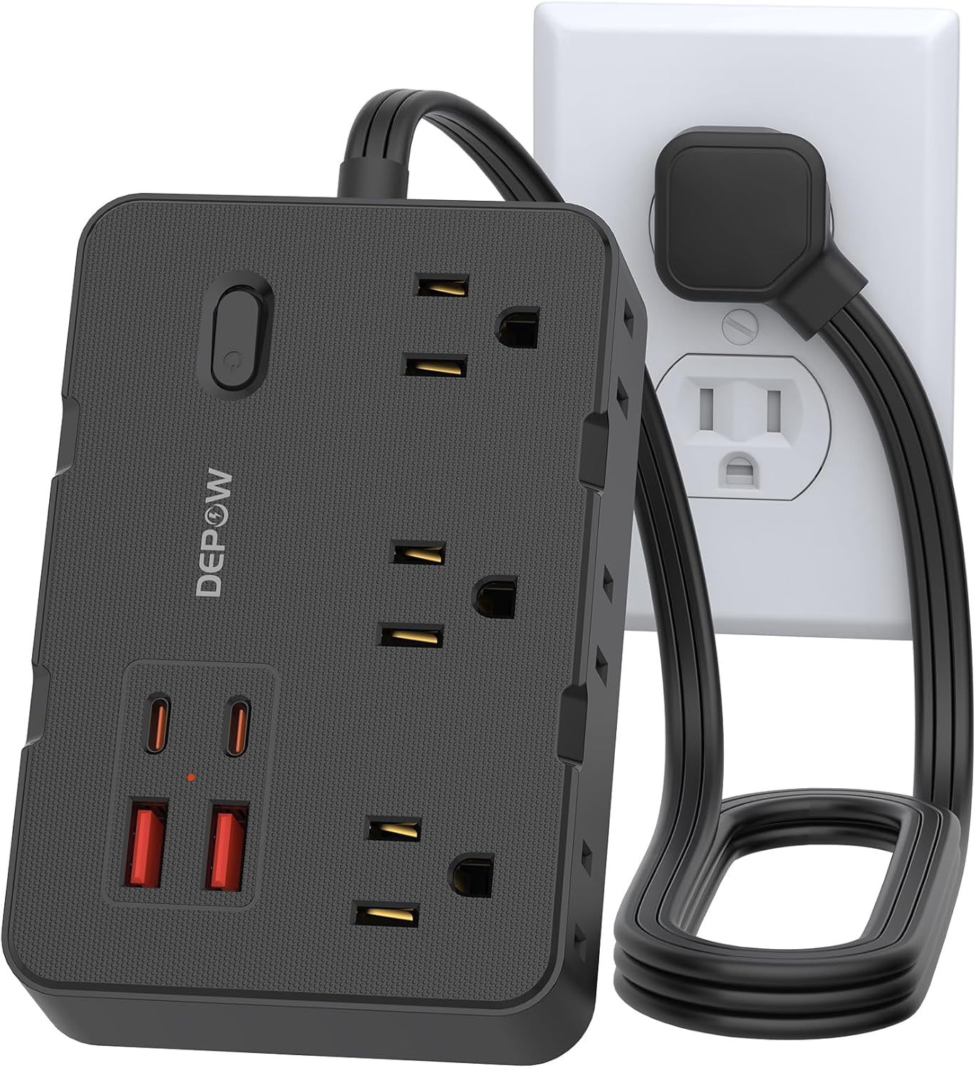 Surge Protector Power Strip 3 FT Extension Cord with 6 AC Outlets 4 USB Ports 1050J Protection Wall Mountable Charging Station for Office Home Black