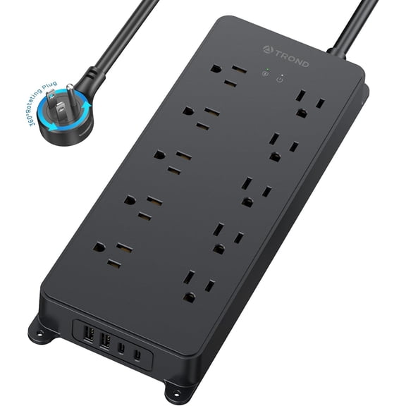 Sur Protector Power Strip with 360 Rotating Flat Plug, 4000J, ETL Listed, 10 Widely Spaced Outlets, 2 USB A and 2 USB C, 5ft Extension Cord, Wall Mountable, for Home Office Gara, Black