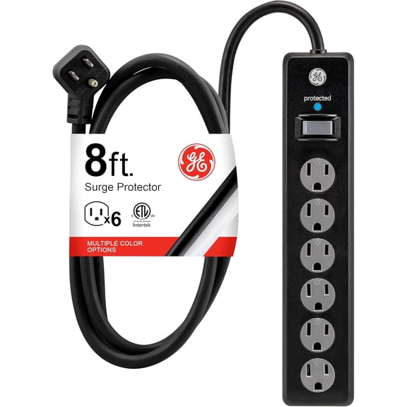 Sur Protector Power Strip, 8 Ft Extension Cord, 6 Outlet Extender, 1300 Joules, Flat Plug, Twist-to-Close Safety Covers, ETL Listed, Black, 33662