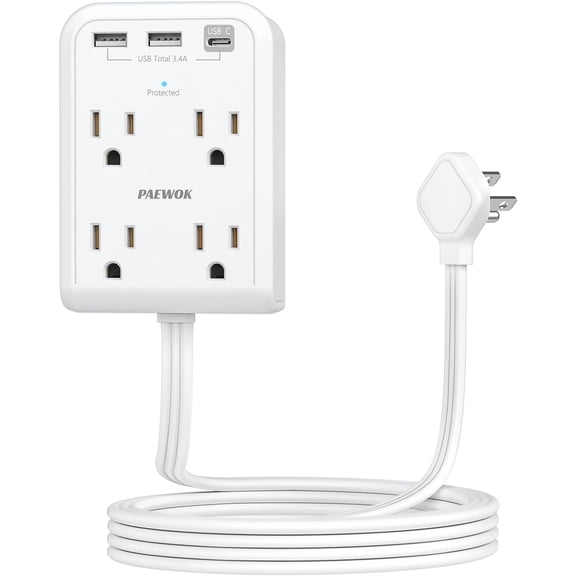 Sur Protector Power Strip, Outlet Extender Stick with USB C Ports, 4 Outlet 3 USB, Extension Cord Flat Wall Plug 6 FT, Home Office Dorm Room Essentials, White